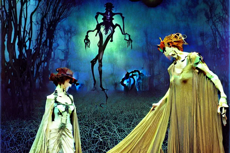 Image similar to realistic detailed portrait painting of a beautiful ghost woman with a male zombie, nightly graveyard landscape background by Jean Delville, Amano, Yves Tanguy, Alphonse Mucha, Ernst Haeckel, Edward Robert Hughes, Roger Dean, masterpiece, cinematic composition, dramatic pose, 4k details, rich moody colours, blue eyes