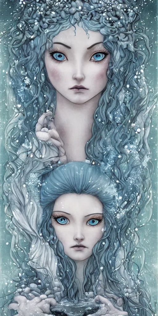 Prompt: goddess of winter in a zen garden, by Peter Kemp, sad expression but upward gaze, ice blue eyes and light blue anime hair, glamorous hairstyle, frost clings to her skin, wearing translucent white and ice blue Enjolras fashion, lost in the moment, winter, art nouveau, ice clings to the rock garden by Brian Froud, frozen tear, berries, a heron, evergreen branches, white, ice blue, frost on the canvas, baroque border illumination by Alphonse Mucha