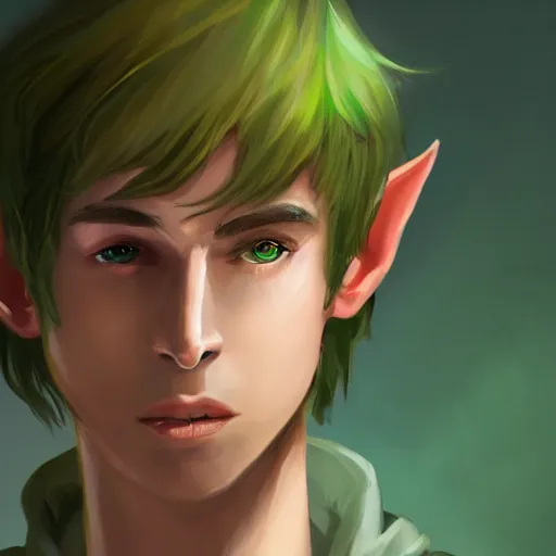 Image similar to A portrait of a adolescent male half-elf wizard who is tall and slim, focus on face, short brown hair, smiling, deep green eyes, robes, staff, sharp focus, highly detailed, photograph, cinematic, dynamic lighting, trending on artstation, digital painting