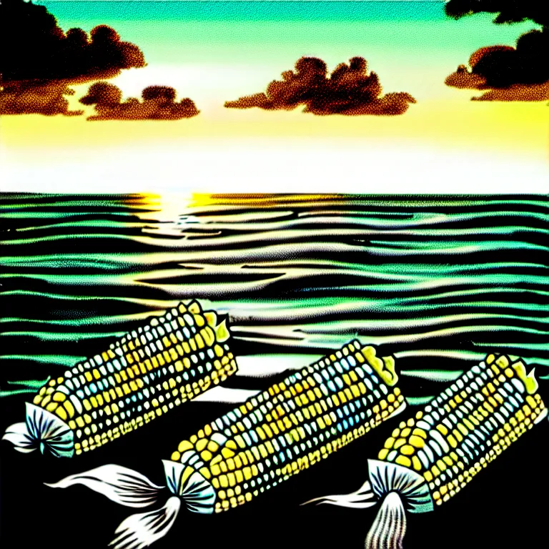 Prompt: corn floating in ocean, waves, vintage coutry style, monochromatic, detailed