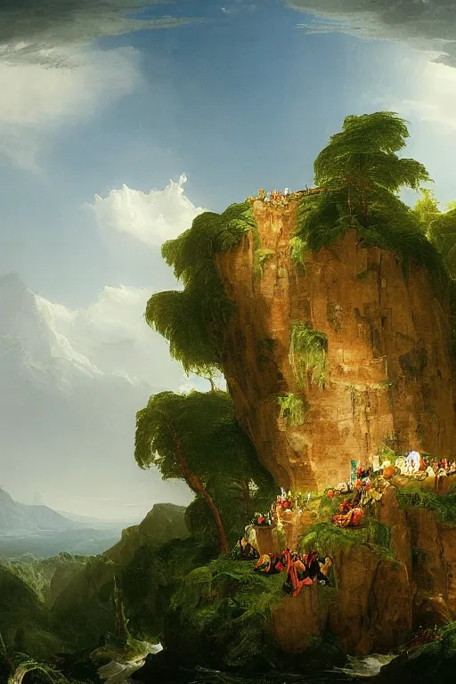 Image similar to a thomas cole naturalist style painting of michael jackson atop mount olympus with enormous columns on either side