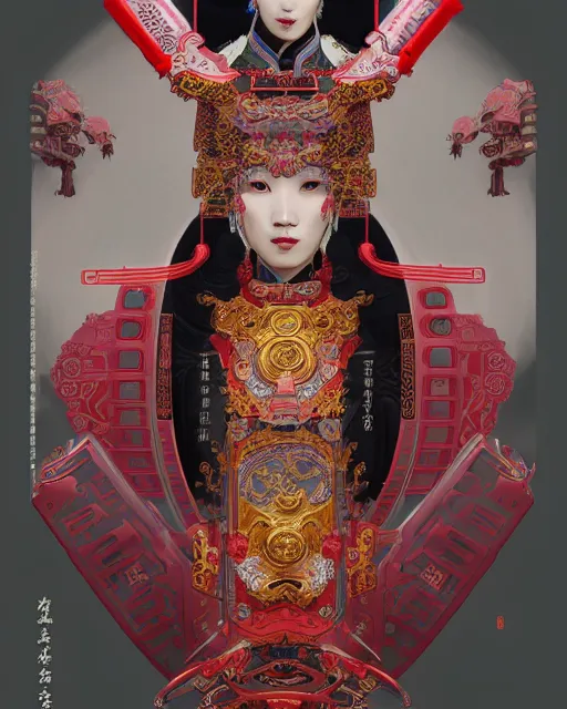 Image similar to portrait of a chinese cyberpunk machine, machine face, arms, upper half portrait, decorated with chinese opera motifs, regal, asian, fine china, wuxia, traditional chinese art intricate intense elegant 京 剧 highly detailed digital painting artstation concept art smooth sharp focus illustration, art by artgerm and greg rutkowski alphonse mucha 8 k