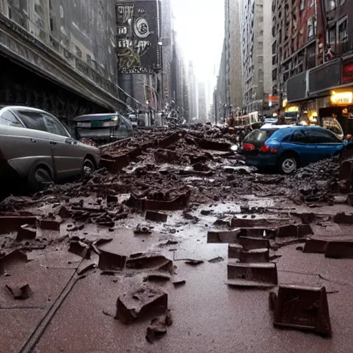 Image similar to tsunami of liquid chocolate on new york, post apocalyptic, cinematic ruin