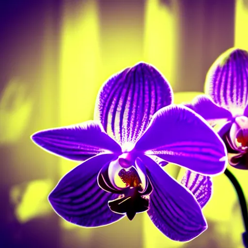 Image similar to an orchid flower, made of metal, cybertronic, reflective, glowing