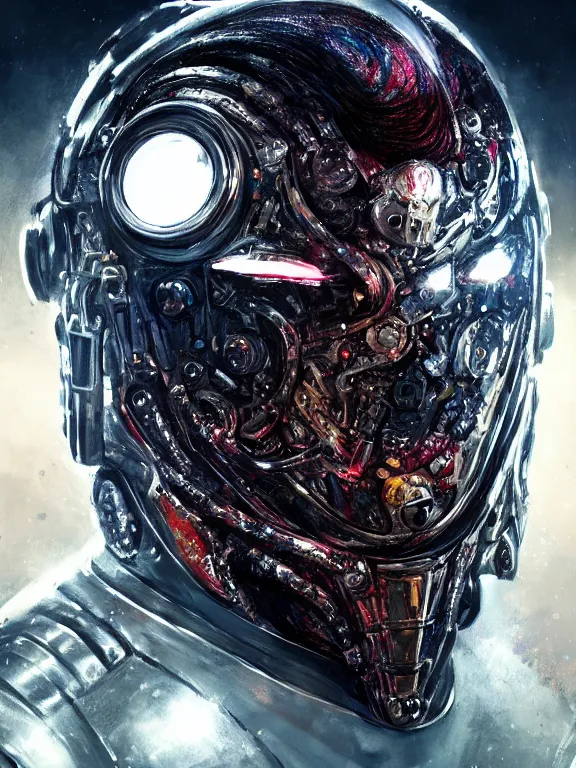 Image similar to portrait art of 8k ultra realistic undead retro futuristic astronaut vampire king , galaxy reflected in helmet , detailed intricate ornate armour,corrupted, cybernetic, full of colour, cinematic lighting, battered, trending on artstation, 4k, hyperrealistic, focused, extreme details,unreal engine 5, cinematic, masterpiece, art by ayami kojima, giger