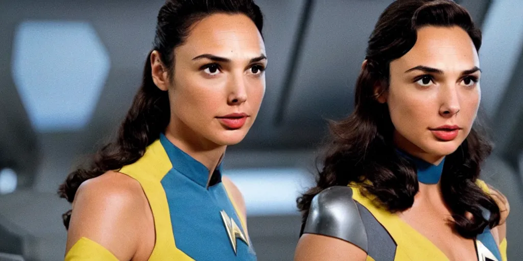 Prompt: Gal Gadot, in Starfleet uniform, in the role of Captain Kirk in a scene from Star Trek the original series