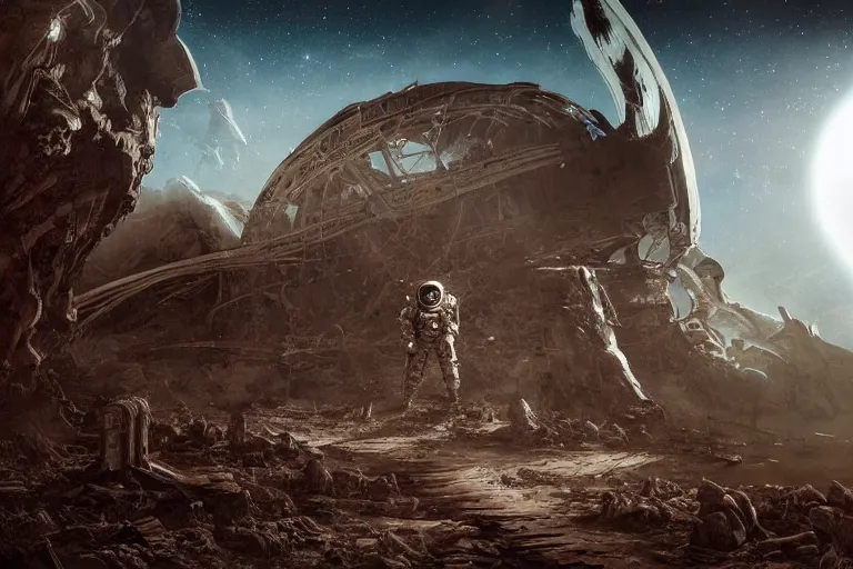 Image similar to distant low angel photograph of an astronaut exploring an abandoned alien planet with alien skeletons, alien skulls, fallen kingdom city ruins, science fiction, detailed space suit, cinematic, hypermaximalist, detailed, 4k, 8k, breathtaking stars, surrealism, distant, concept art, digital art, sharp focus, reflections, RTX, octane render, acid pixie, Trending on DeviantArt