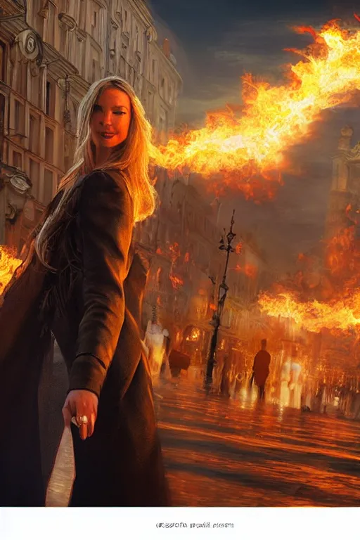 Image similar to !dream in the foreground a street of Saint Petersburg, in the background a blonde woman from behind with flames coming out of her hands wearing a long jacket like a matrix, realistic, high definition, many details, dramatic scene, detailed and realistic hands, face symmetrical, realistic eyes, art of D&D