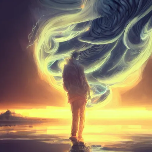 Prompt: man made of swirling smoke and tendrils of fog being sucked into a vortex, sunset colors, cinematic, highly detailed, digital painting, artstation, concept art, smooth, sharp focus, illustration