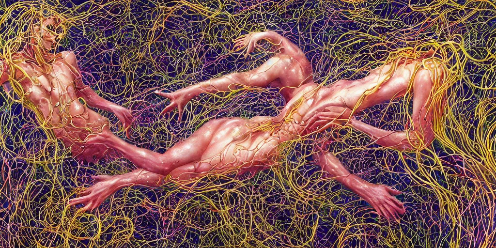 Prompt: closeup photo of 2 interconnected human bodies, 1 female, 1 male, connected by chaotic swirling vines made out of flowers, suspended underwater, by peter gric, artgerm, greg rutkowski, smooth gradients, vibrant colors, high contrast, artstation, golden hour, sunrays, cinematic, octane render, 4 k, uhd, hdr