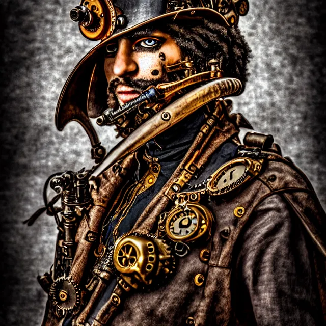 Prompt: steampunk warrior, 8 k, hdr, smooth, sharp focus, high resolution, award - winning photo