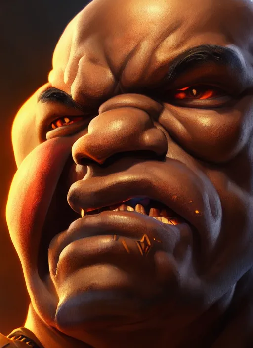 Prompt: portrait of doomfist ( overwatch character doomfist ), detailed realism face in painting, detailed beautiful portrait, oil painting masterpiece, 8 k resolution, smooth, sharp focus, trending on artstation, by rembrandt