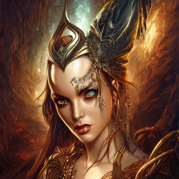 Image similar to a higly detailed painting of a sorceress with piercing beautiful eyes, dark dungeon setting, dynamic lighting, ambient lighting, deviantart, art by artgerm and karol bak and mark brooks