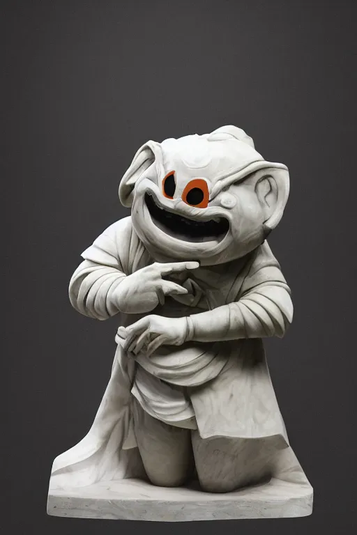 Prompt: a monumental marble sculpture of Teemo the League of Legends champion, museum photography, hard light,