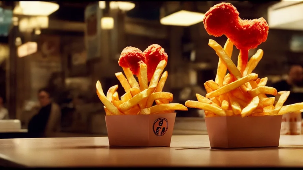 Image similar to the strange french fry creature at the fast food place, film still from the movie directed by denis villeneuve and david cronenberg with art direction by salvador dali, wide lens