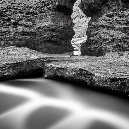 Image similar to minimalist black and white photograph of an icelandic gorge, time exposure, of a river, sharp tall pillars, sharp rocks,