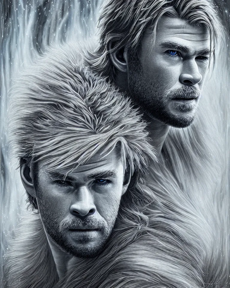 Image similar to ultra realist intricate detailed portrait of chris hemsworth turning into a white wolf in an alien landscape, insanity, accurate features, apocalyptic, very intricate details, 8 k resolution, dim lighting, volumetric lighting, artstyle, zdzisław beksinski and keith thompson, award winning