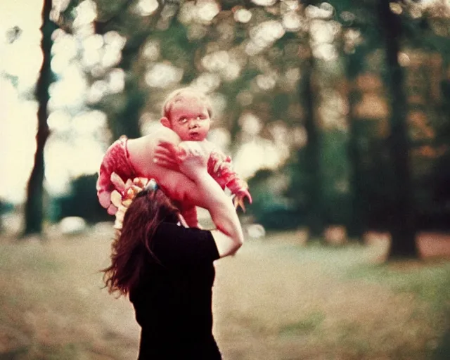 Image similar to a lomographic photo of young women holding her child on hands, year 1 9 7 0, cinestill, bokeh