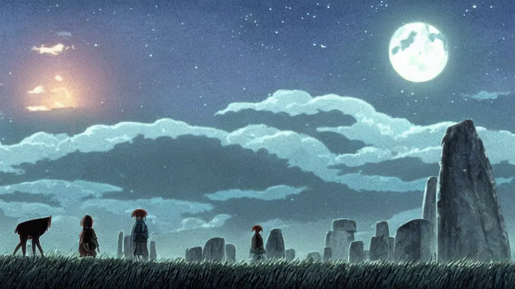 Image similar to a cell shaded cartoon movie still from princess mononoke ( 1 9 9 7 ) showing a giant ufo from independence day ( 1 9 9 6 ) over stonehenge. on a misty and starry night. very dull muted colors, hd, 4 k, hq
