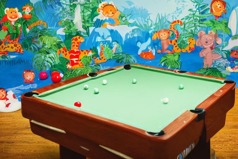 Image similar to fisher price pool table snowy jungle, studio photography 85mm