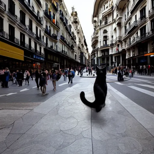 Image similar to A giant cat is walking through Gran Via in Madrid