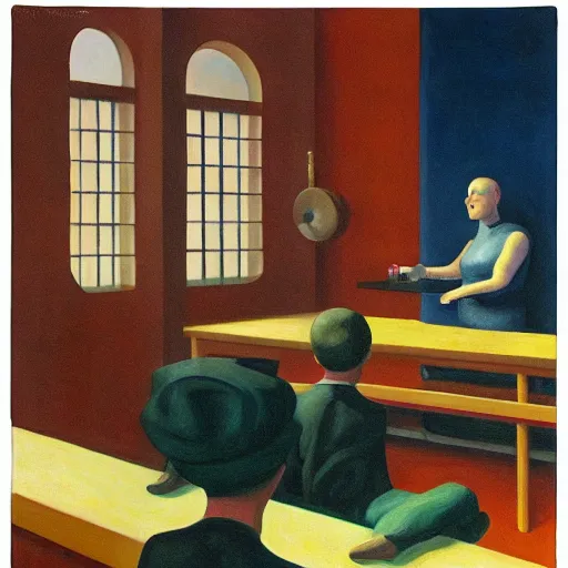 Image similar to giant baby professor giving a college lecture, lecture hall, dystopian, pj crook, edward hopper, oil on canvas