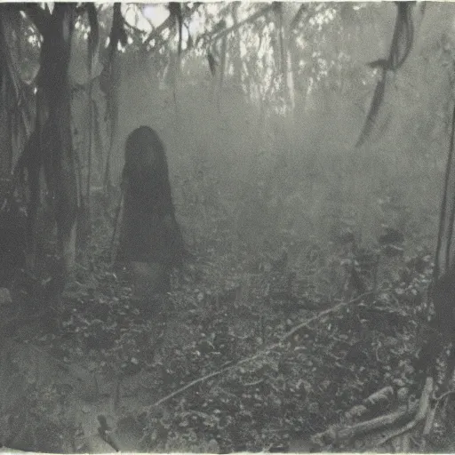 Image similar to an ancient evil-girl devouring the human souls on a mysterious Colombian jungle, mist, abandoned house, 1910 polaroid photography, grainy film, Black and white