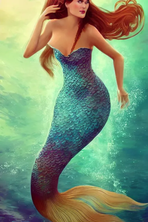 Prompt: mix of beautiful young maria shriver, mariel hemmingway, brooke shields, nicole kidman and elle macpherson as an underwater mermaid, thin lips, hair tied up in a pony tail, dark blonde hair, colorful, artstation, cgsociety