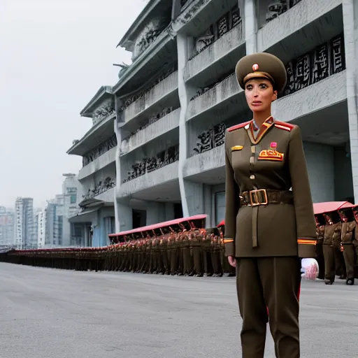 Prompt: professional photograph of kim kardashian wearing a north korean military dress uniform and standing in a busy street in pyongyang, 8 k, very detailed, very intricate,