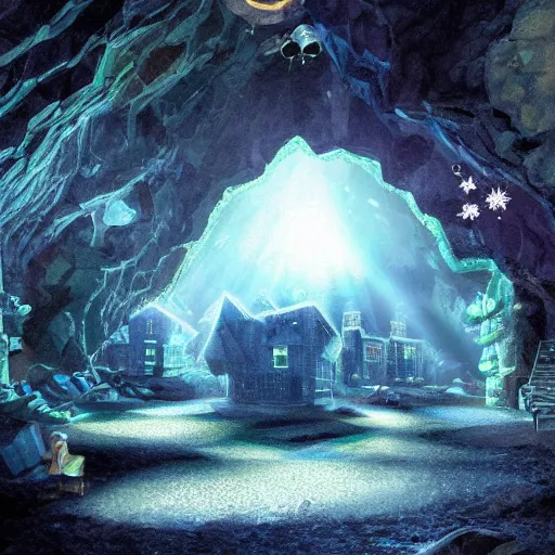 Image similar to a diamond mine, lots of diamonds unearthed, a lights is being reflected all around the dark cave mine, luminous Color’s, murial art, concept art.