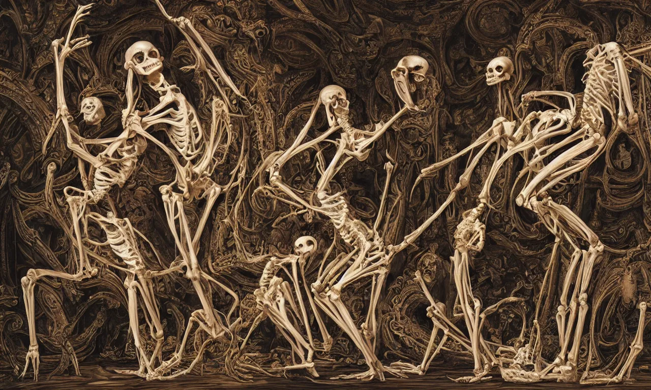 Prompt: intertwined bodies, inside a grand, ornate cathedral, HD Mixed media, highly detailed and intricate, fleshy skeletal, botany, surreal illustration in the style of Caravaggio, baroque dark art