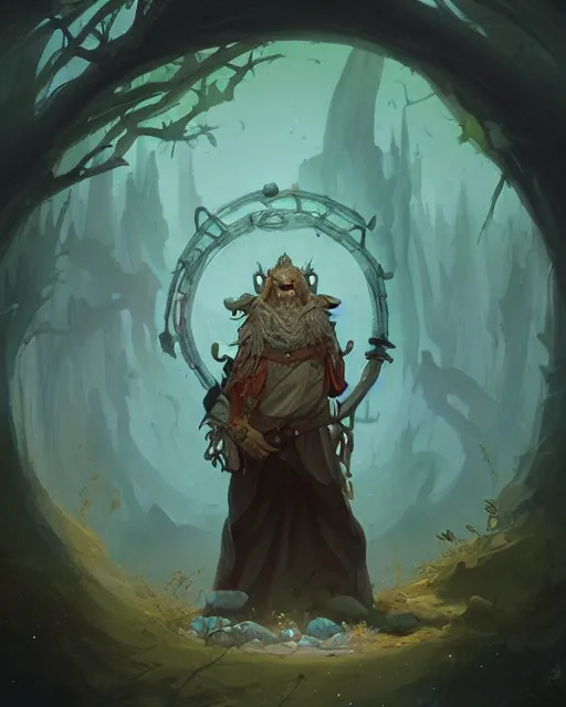 Image similar to a druid standing in a circle at the beginning of the world by peter mohrbacher and james jean
