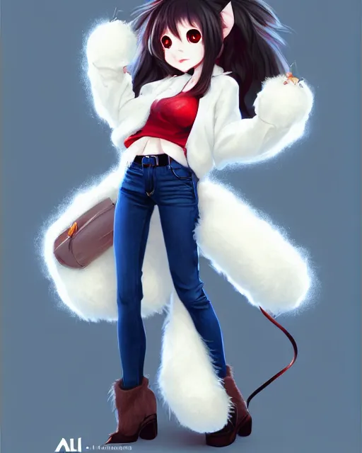 Image similar to fullbody portrait of anthropomorphic half - mouse fluffy cute anime woman in jeans coat, concept art, anime art, by a - 1 picture, trending on artstation artgerm, furaffinity, ross tran, marc davis