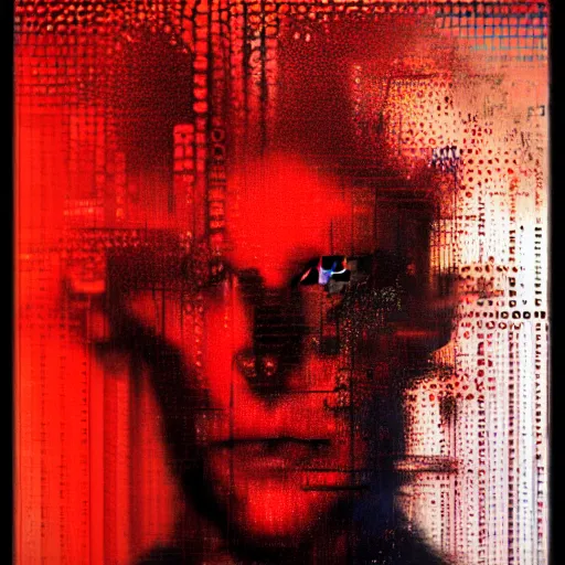 Image similar to hyperrealistic portrait of a mysterious cyberpunk man with cybernetics, by Guy Denning, Johannes Itten, Russ Mills, glitch art, hacking effects, glitch effects, digital tech effects, cybernetics, detailed lines, holographic, chromatic, color blocking!, oil on canvas, octane, concept art, abstract, red face, 8k, trending on artstation