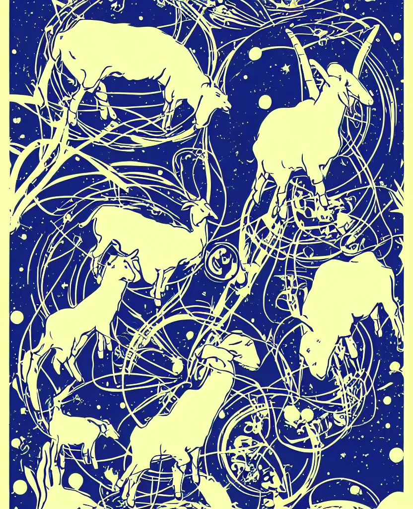 Image similar to goats in space!! art nouveau vector graphic poster!, grunge retro,