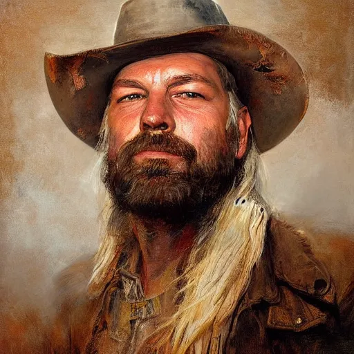 Image similar to Solomon Joseph Solomon and Richard Schmid and Jeremy Lipking victorian genre painting portrait painting of David Gilmour a rugged cowboy gunfighter old west character in fantasy costume, rust background