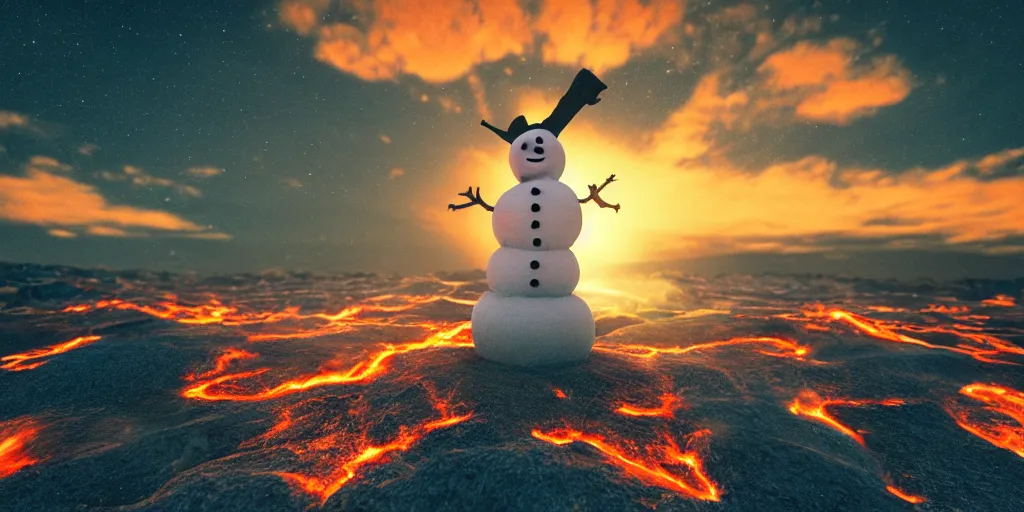 Image similar to a snowman standing on top of the sun. the ground is made of fire and lava and is glowing orange. cinematic, dramatic, volumetric lighting, atmospheric, red, orange extremely coherent, 8 k, space