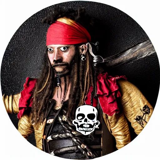 Prompt: a potrait of pirates, king of pirates, gold teeth, crazy hair, wearing armor, flag on his back, 1 6 0 0 century, black beard, one piece, photo realistic, in a circle, nft style, dust, grain, scretch on picture, noise, deep focus, high detail