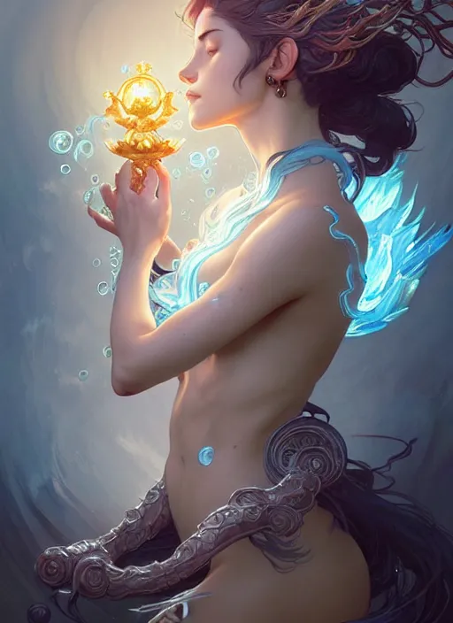 Image similar to summoner with a cute water elemental, fantasy, intricate, elegant, highly detailed, digital painting, artstation, concept art, wallpaper, smooth, sharp focus, illustration, art by artgerm and greg rutkowski and alphonse mucha