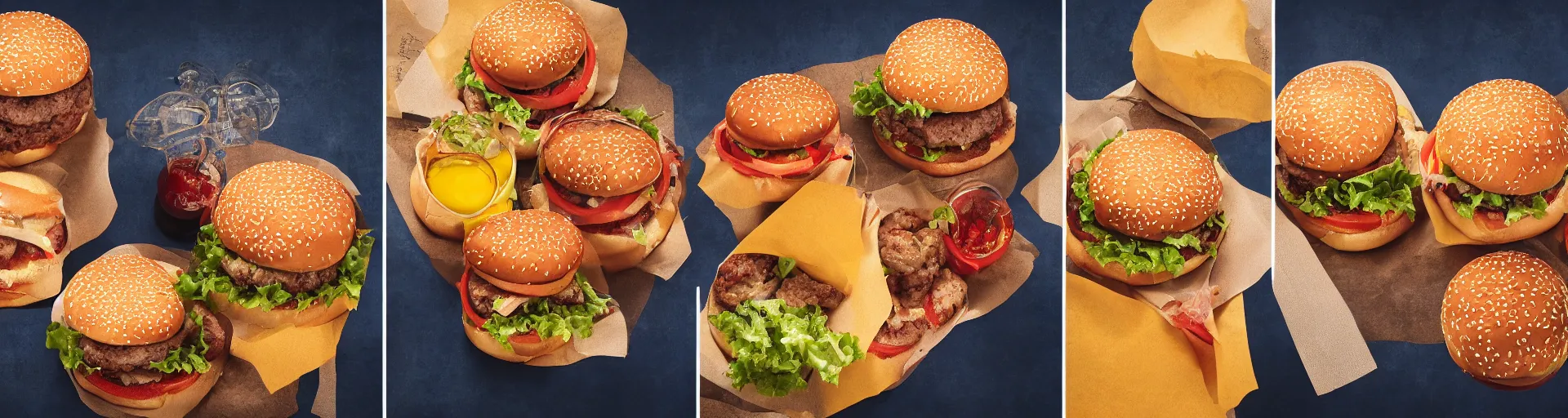 Image similar to a triptych of the hamburgers that represent all of history, award - winning food photograph