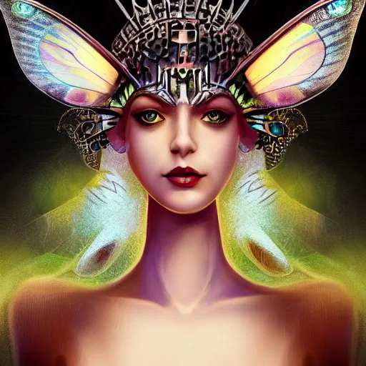 Image similar to closeup portrait of a beautiful art deco faerie queen with glowing eyes, moth wings with geometric patterns, reflective detailed textures, highly detailed dark fantasy science fiction painting, silver and cool colors, extremely detailed, photorealistic, artstation