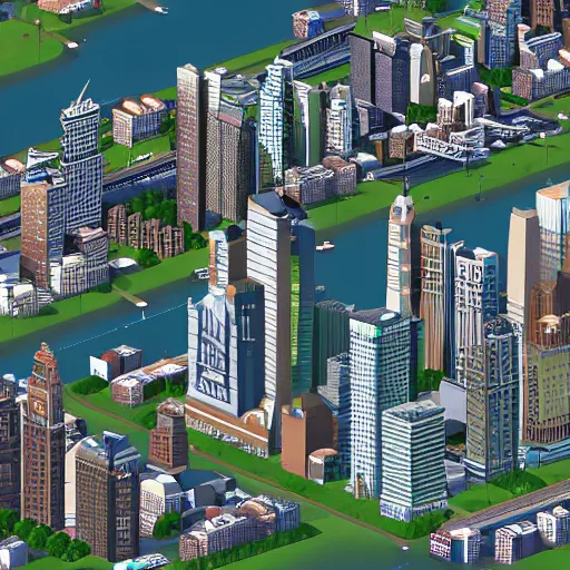Prompt: new york city skyline in the style of cities skylines, isometric view