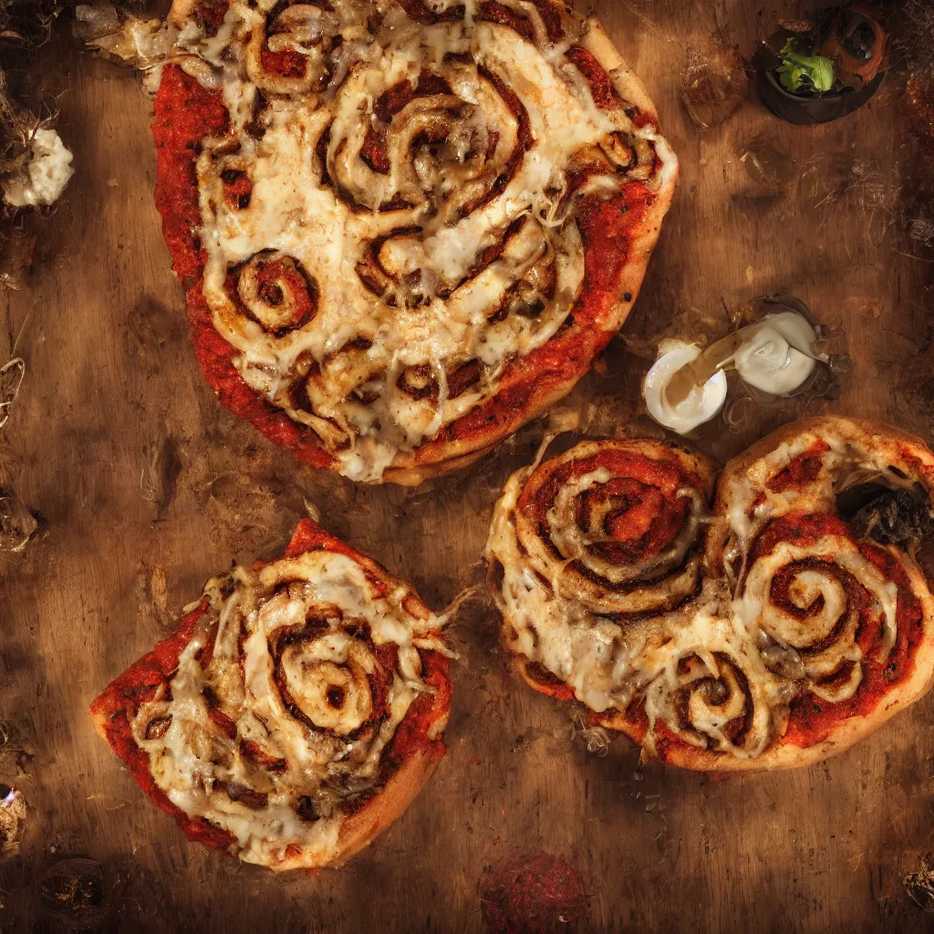 Image similar to a photo of a biomechanical rotten vegan doner with pizza taste and halapeno mayo, in the shape of a cinnamon roll in the style of hr giger, octane render, 8 k