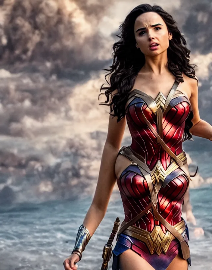 Image similar to movie still of demi rose as gal gadot wearing tube top from the movie wonder woman, directed by scott snyder, 4 k hd, oscar winning, high detail