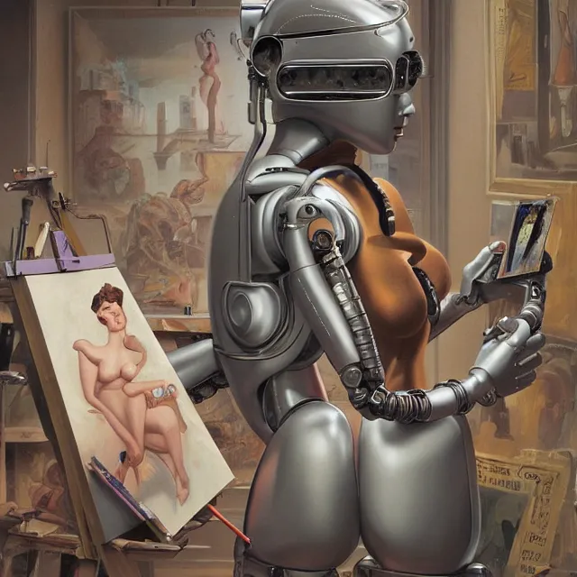 Image similar to robot artist painting a self - portrait on a canvas. intricate, highly detailed, digital matte painting in the style of gil elvgren and in the style of wayne barlowe. irony, recursion, inspiration.