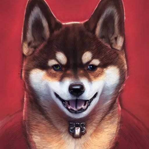 Image similar to anthropomorphic shiba inu, wearing berserk anime darkness armor, blood aura red light, fantasy, dark, portrait art by donato giancola and greg rutkowski, realistic face, digital art, trending on artstation, symmetry