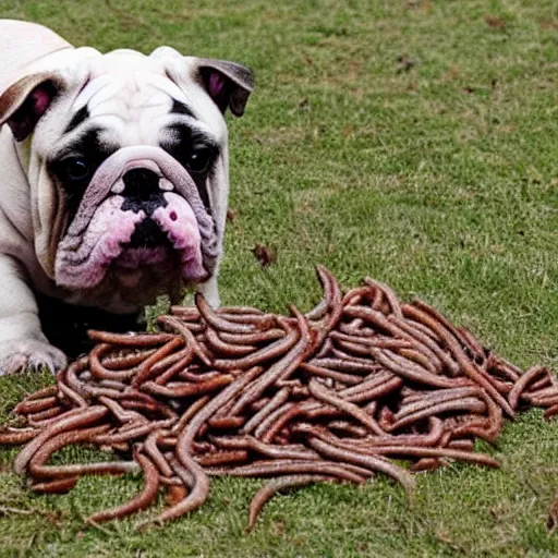 Prompt: bulldog eats worms