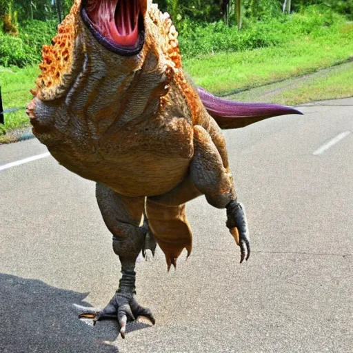 Prompt: chicken riding on a t - rex