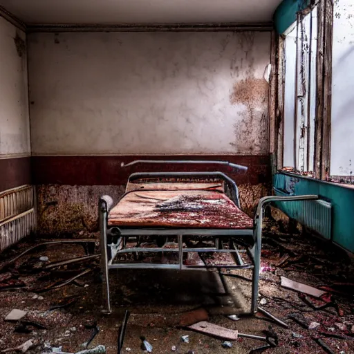 Image similar to high definition colour photo of a rusty old hospital bed in an abandoned hospital, real life photography, horror, biological photo, fullbody, dynamic lighting, beautiful