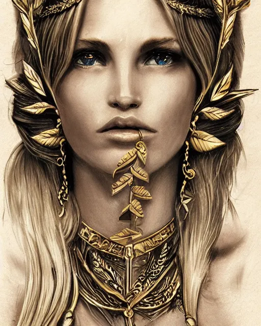 Image similar to tattoo design sketch of cute beautiful blonde super model as aphrodite greek goddess wearing a gold laurel wreath and triangle earrings, beautiful piercing gaze with sharp pupils, in the style of greg rutkowski, fantasy, amazing detail, epic, elegant, smooth, sharp focus, front view